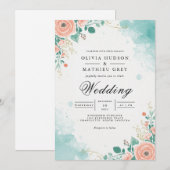 ソフトピーチティール（緑がかった色）フローラフローリッシュ結婚ズ 招待状 (正面/裏面)