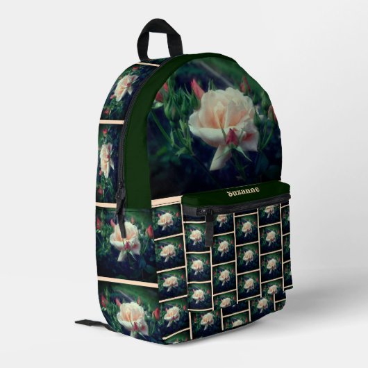 ソフトピーチバラフラワーパーソナライズされた自然 プリントバックパック (裏面左端)