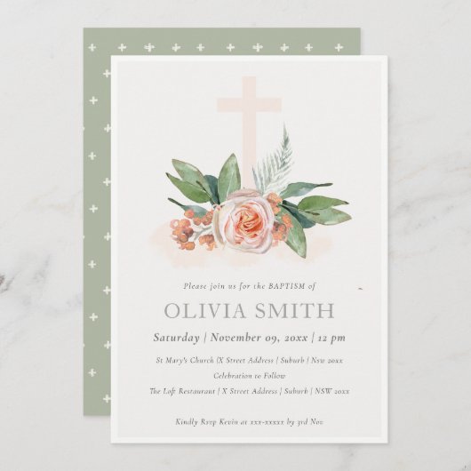 ソフトピーチバラフローラクロスバンチバプテスマ招待状 サンキューカード (正面/裏面)