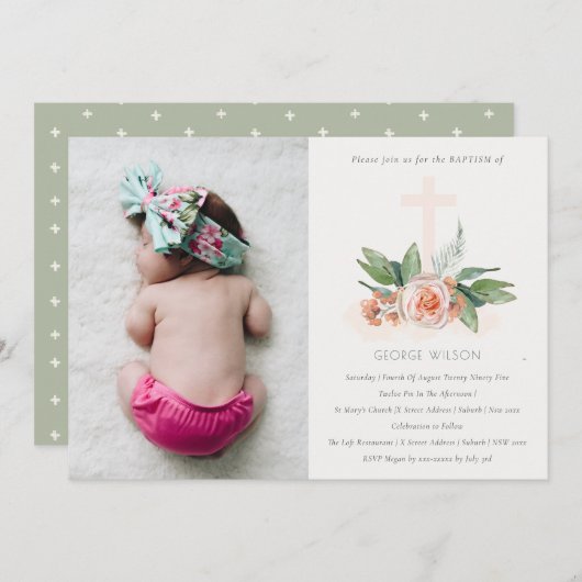 ソフトピーチバラフローラクロスフォトバプテスマ招待状 サンキューカード (正面/裏面)