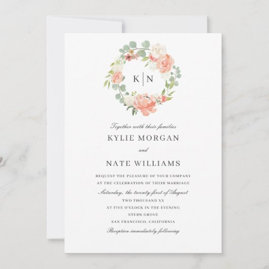 ソフトピーチフローラウォーターカラーモノグラム結婚ズ 招待状 (正面)