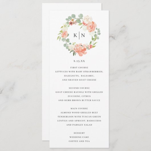 ソフトピーチフローラ結婚モノグラムのメニューカード 招待状 (正面/裏面)