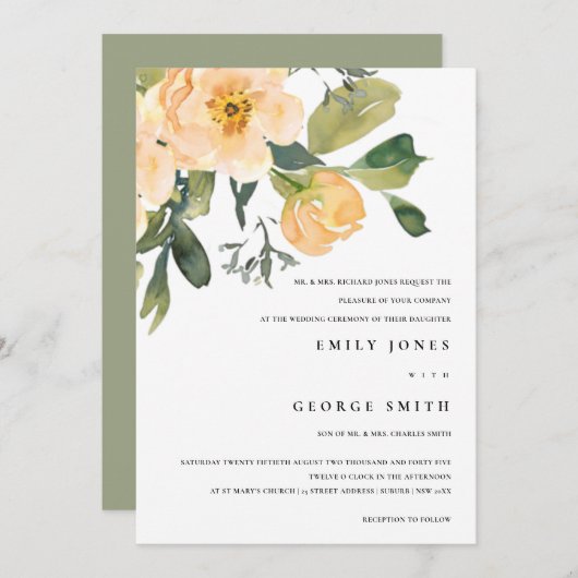 ソフトピーチ牡丹の水の色のフローラ結婚式の招待 サンキューカード (正面/裏面)