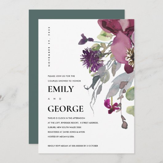 ソフトピープルパープル薄紫フローラカップルのシャワーカード サンキューカード (正面/裏面)