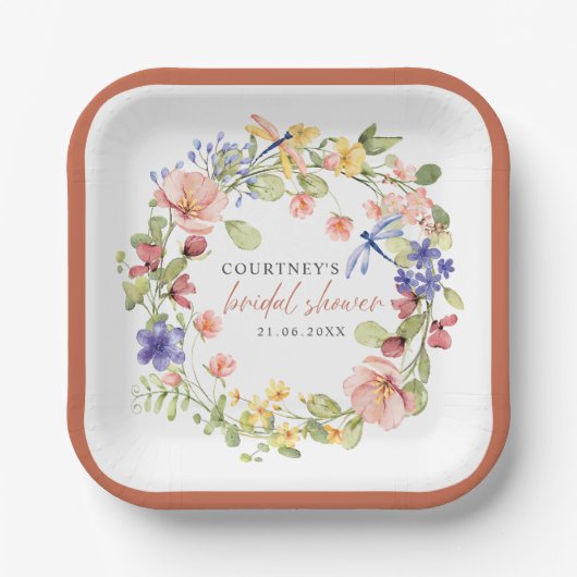 ソフトフラワードラゴンフライロマンチックブライダルシャワー ペーパープレート (正面)