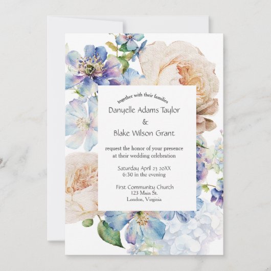 ソフトフローラダスティブルーアイボリーフォト結婚ズ 招待状 (正面)