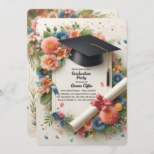 ソフトフローラフレーム卒業パーティ招待状 招待状 (正面/裏面)