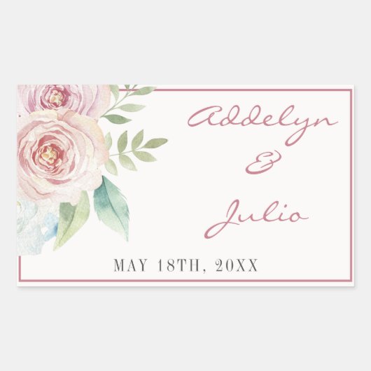 ソフトフローラロマンチックな緑のピンクマウヴ結婚ズ 長方形シール (正面)