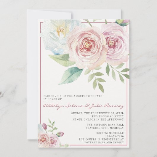 ソフトフローラロマンチックな緑のメイブカップルのシャワー 招待状 (正面)