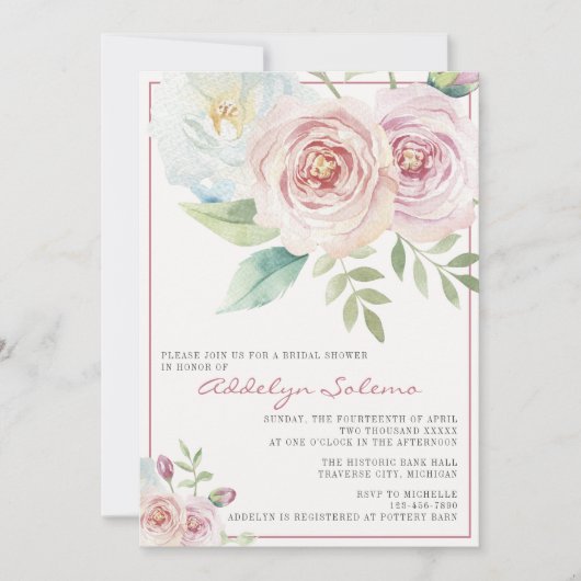 ソフトフローラロマンチックグリーナリーマウヴブライダルシャワー 招待状 (正面)