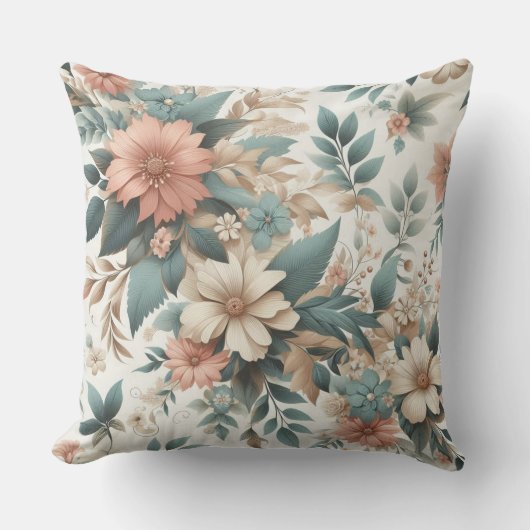 ソフトフローラ桃ティール（緑がかった色）ヴィンテージパターンデザイン クッション (正面)