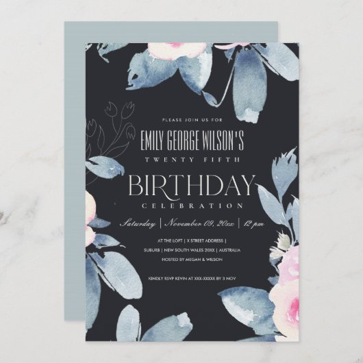 ソフトブラック赤面ブルーフローラ25th ANY AGE誕生日 招待状 (正面/裏面)
