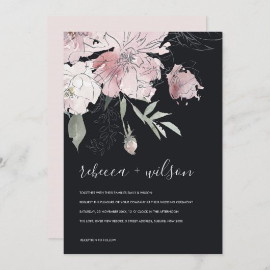 ソフトブラック赤面水カラーフローラ結婚式の招待 サンキューカード (正面/裏面)