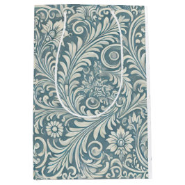 ソフトブルーとアイボリーのダマスクパターン ミディアムペーパーバッグ