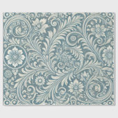 ソフトブルーとアイボリーのダマスクパターン ラッピングペーパー (フラット)