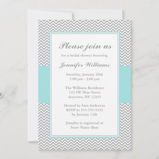 ソフトブルーとグレーのシェブロンブライダルシャワー 招待状 (正面)