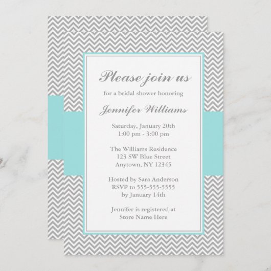 ソフトブルーとグレーのシェブロンブライダルシャワー 招待状 (正面/裏面)