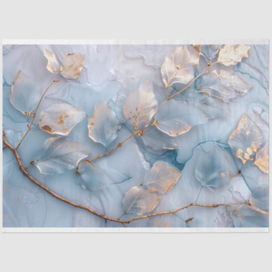 ソフトブルーとゴールドのボタニカルデコパージュ 薄葉紙 (正面)