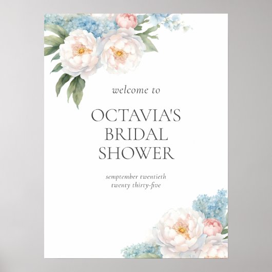 ソフトブルーとピンクの花クラシックブライダルシャワー ポスター (正面)