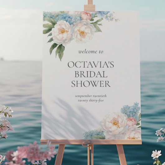 ソフトブルーとピンクの花クラシックブライダルシャワー ポスター