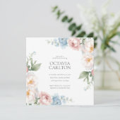 ソフトブルーとピンクの花クラシックブライダルシャワー 招待状 (スタンド正面)