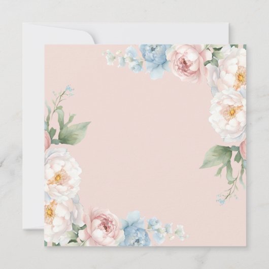 ソフトブルーとピンクの花クラシックブライダルシャワー 招待状 (裏面)