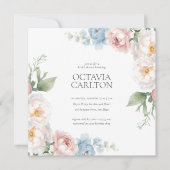 ソフトブルーとピンクの花クラシックブライダルシャワー 招待状 (正面)