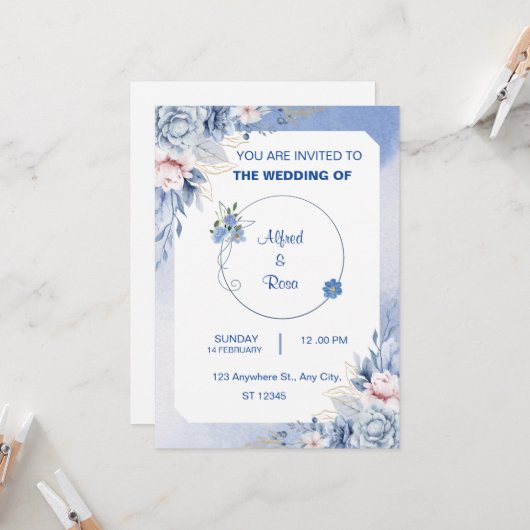 ソフトブルーとホワイトの花柄結婚式カード 招待状 (正面/裏面インサイチュ)