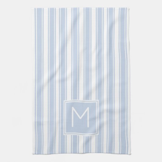 ソフトブルーとホワイトチキングストライプモノグラム キッチンタオル (縦)