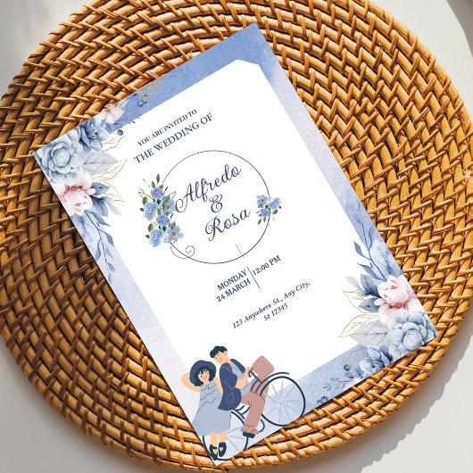 ソフトブルーとホワイトフローラの説明結婚図 招待状