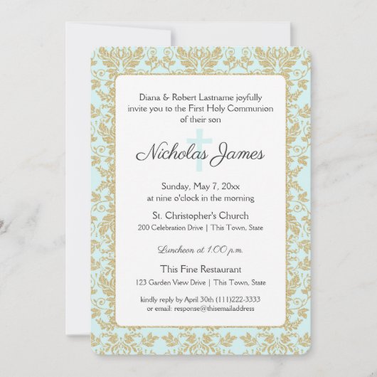 ソフトブルーと金ゴールドダマスコファースト 招待状 (正面)