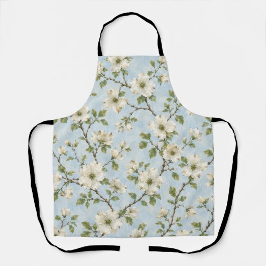 ソフトブルーのサザンドッグウッドの花柄 エプロン (正面)