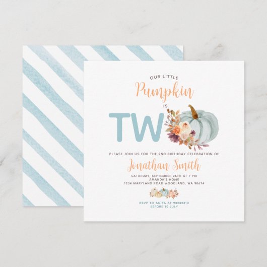 ソフトブルーのパンプキンは2つの誕生日のルースト・フローラル 招待状 (正面/裏面)