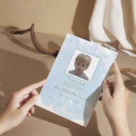 ソフトブルーの洗礼招待状（ゴールドのアクセント付き） 招待状