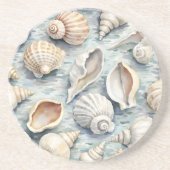 ソフトブルーの海岸の貝殻の水彩画 コースター (正面)