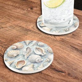 ソフトブルーの海岸の貝殻の水彩画 コースター