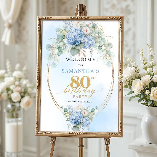 ソフトブルーの花とゴールドのアクセント 80歳の誕生日 ポスター