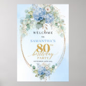 ソフトブルーの花とゴールドのアクセント 80歳の誕生日 ポスター (正面)
