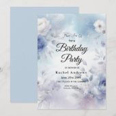 ソフトブルーの花とラベンダーミストの誕生日 招待状 (正面/裏面)