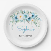 ソフトブルーの花のエレガントなベビーシャワーパーティー ペーパープレート (正面)