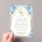 ソフトブルーの花柄とゴールドのアーチ モスリムの結婚式 アクリル招待状 (インサイチュ (ポータブル))