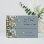 ソフトブルーの花柄グレー クラシック結婚式RSVP 出欠カード (スタンド正面)