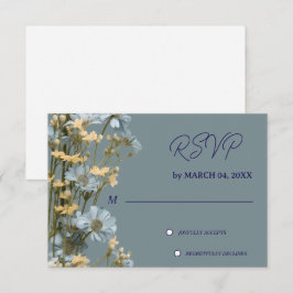 ソフトブルーの花柄グレー クラシック結婚式RSVP 出欠カード