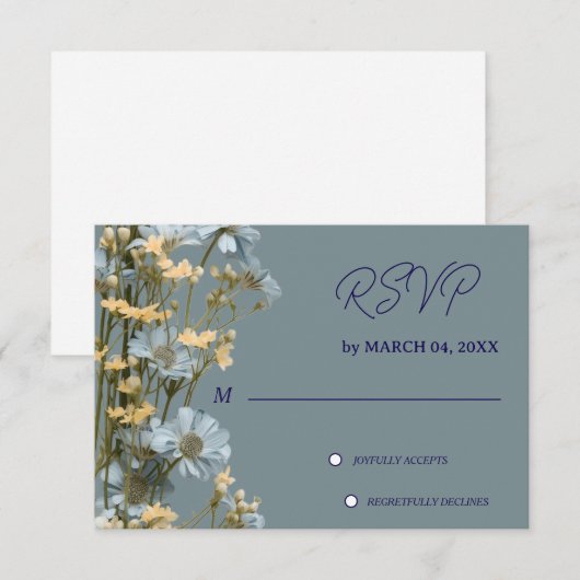 ソフトブルーの花柄グレー クラシック結婚式RSVP 出欠カード (正面/裏面)