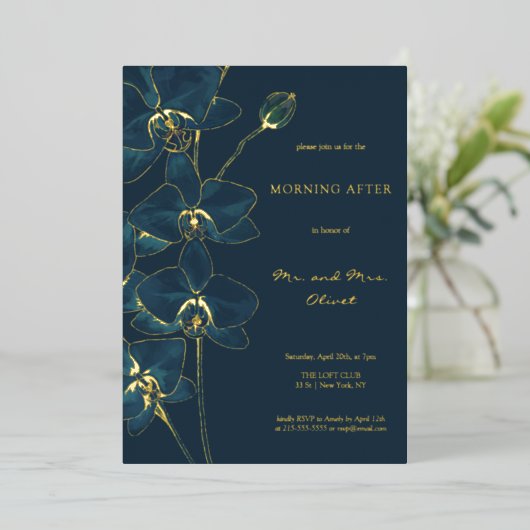 ソフトブルーの蘭の朝の余韻 箔招待状 (立ち正面)