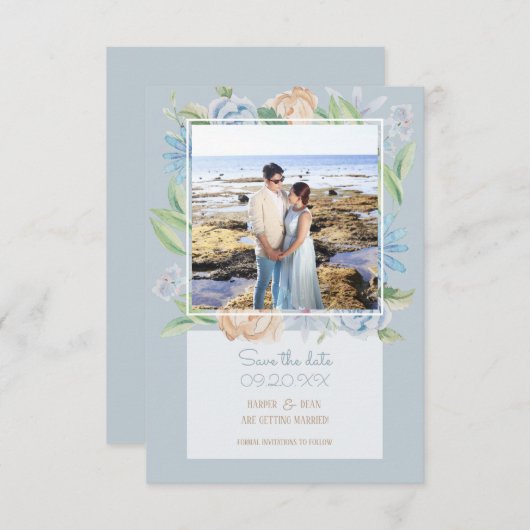 ソフトブルーウォーターの色のスケッチフローラ セーブザデート (正面/裏面)