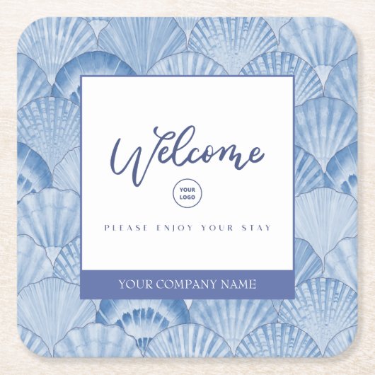 ソフトブルーウォーターカラーシーシェルスクエア紙コースター スクエアペーパーコースター (正面)