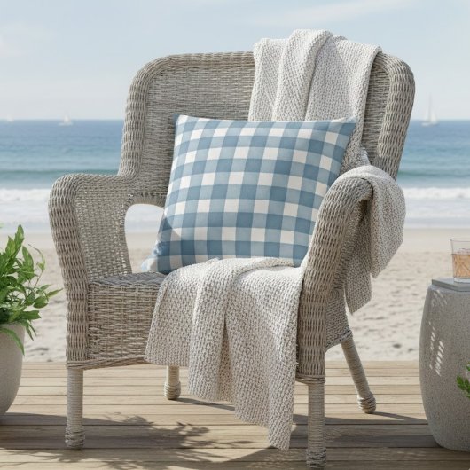 ソフトブルーウォーターカラーファームハウスプレイド クッション