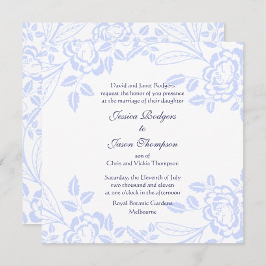 ソフトブルーエレガントバラ結婚式招待状 招待状 (正面/裏面)