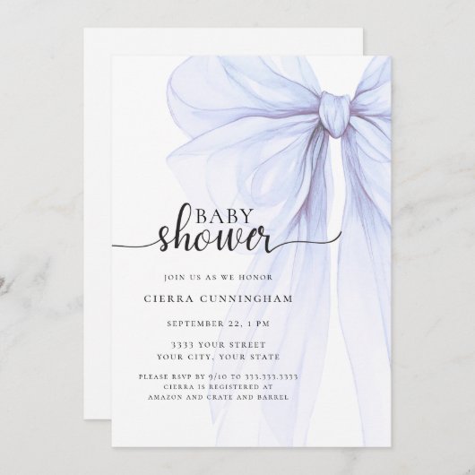ソフトブルーエレガントボウベビーシャワー招待状 招待状 (正面/裏面)